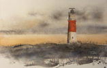 Elektrischer Leuchtturm auf Borkum in der Abendsonne, Aquarell auf 100 g Ingrespapier, 31 x 46 cm